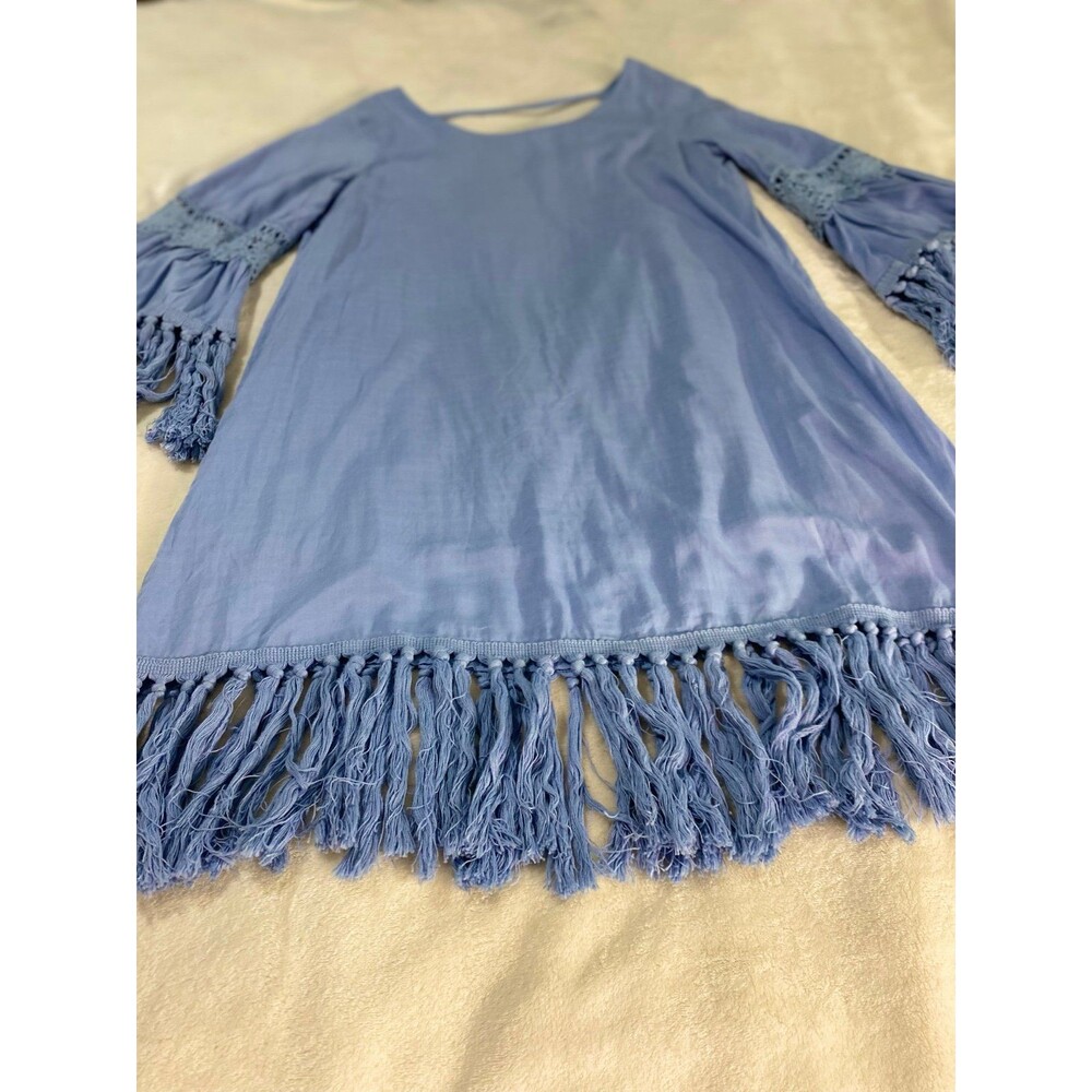 JODIFL Blue Boho Tunic Dress Bell Sleeve Crochet Lace Fringe Tassel Womens S Y2K - Picture 7 of 12